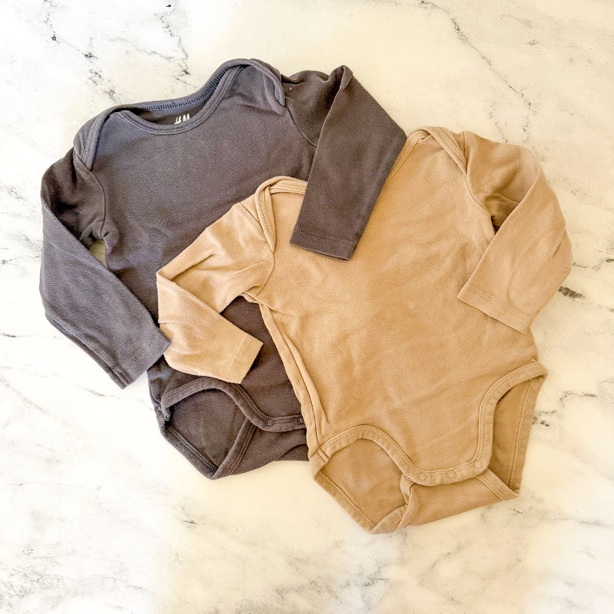 H&M Basics Organic Cotton Solid Charcol + Tan Long Sleeve Bodysuit Bundle | 6-9m