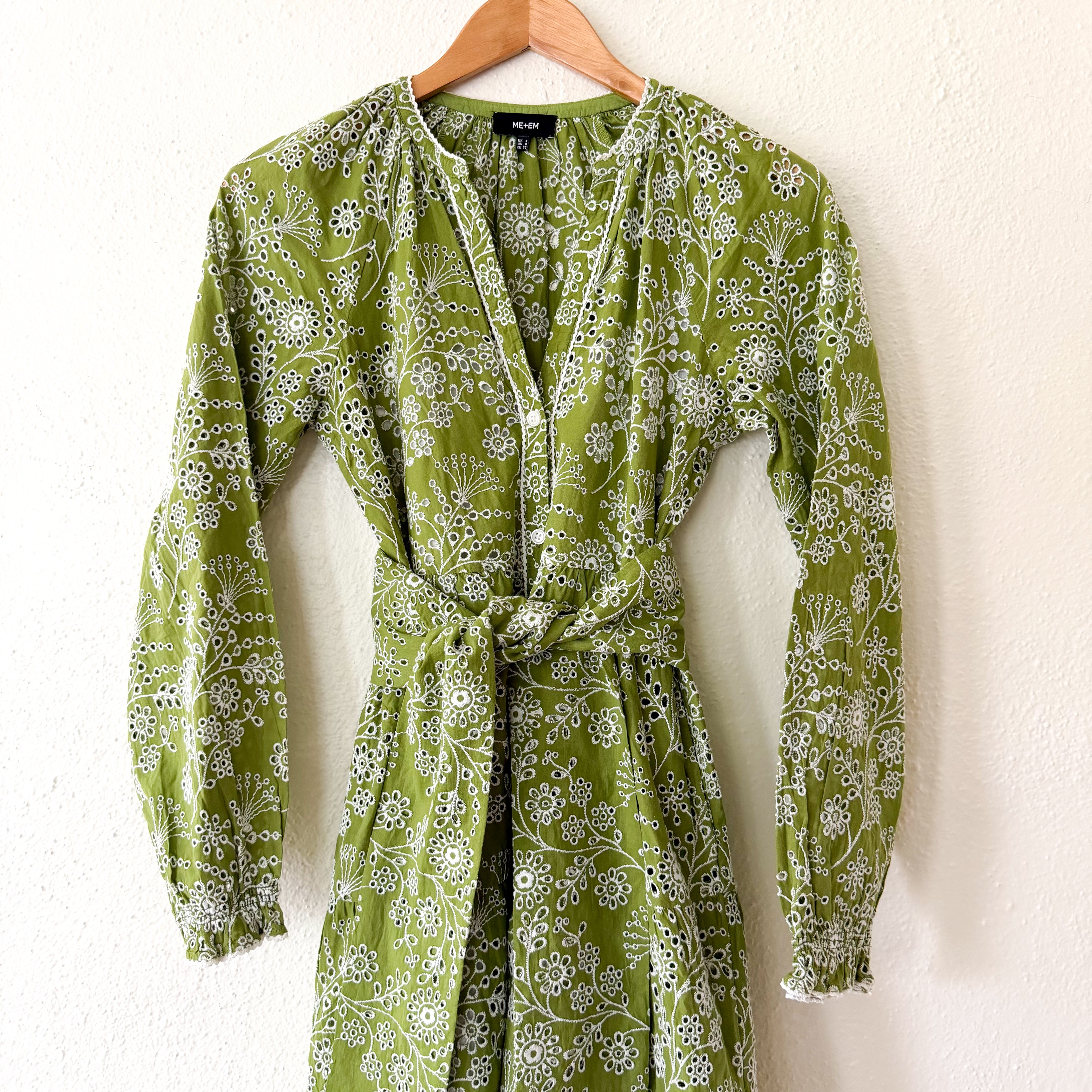 ME+EM Bespoke Contrast Green Broderie Long Sleeve Midi Dress | 0