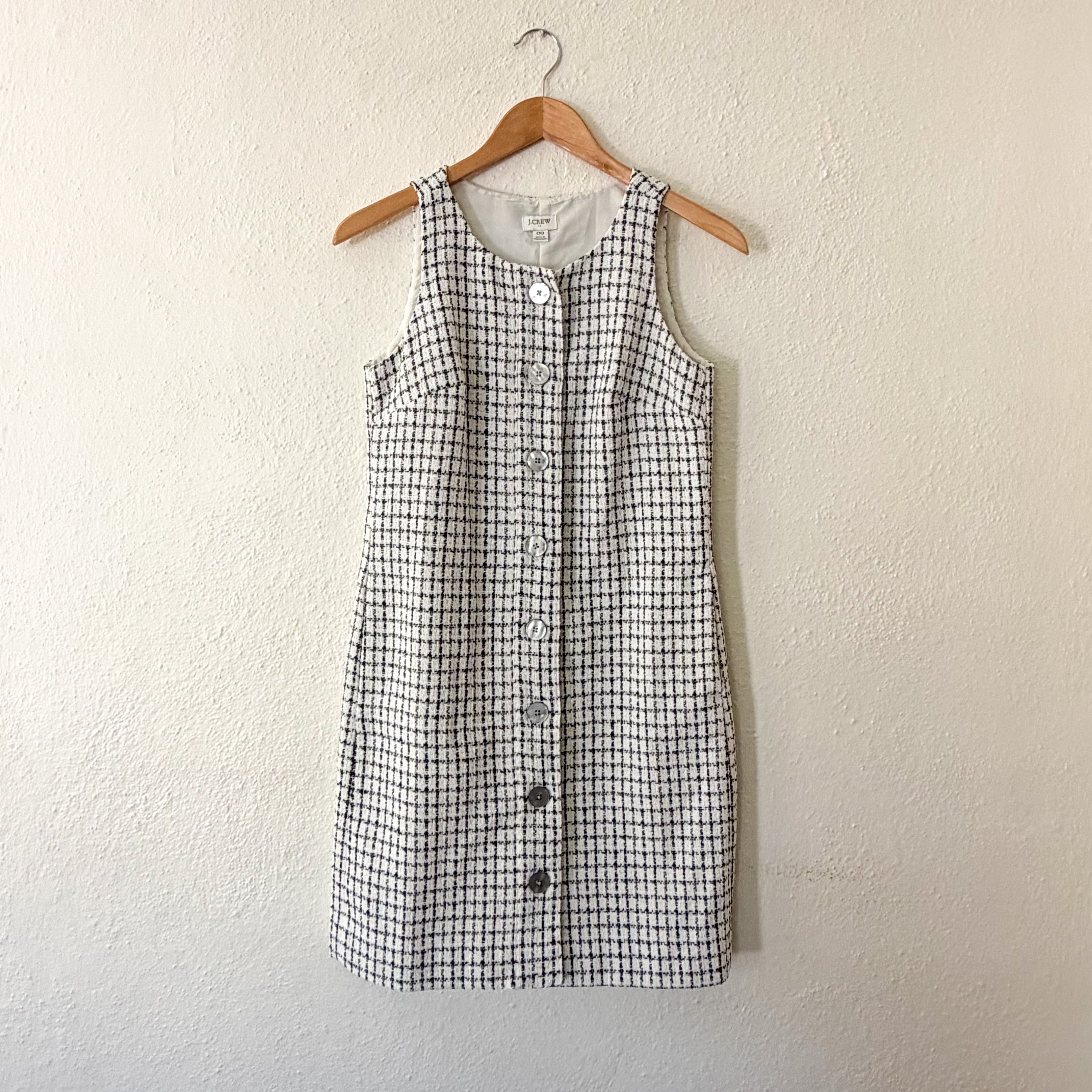 J.Crew Tweed Button-Front Sleeveless Shift Mini Dress in Black & White | 00