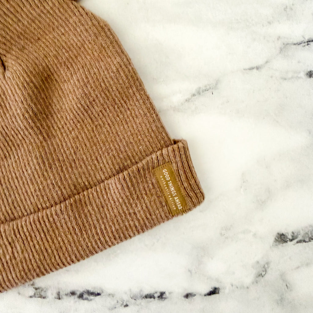 Zara Good Things Ahead Ribbed Teddy Ears Beanie in Pecan
