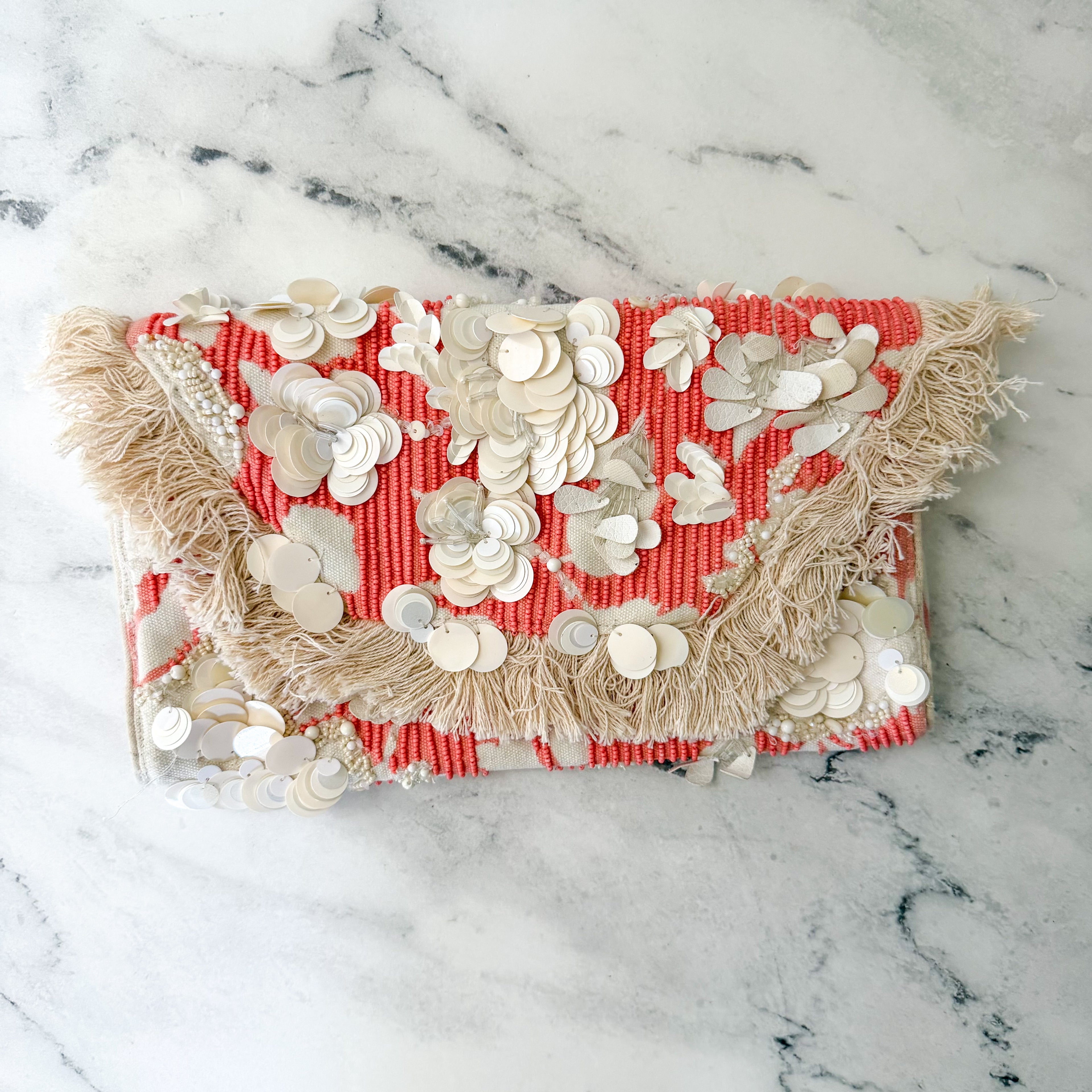 Anthropologie Beaded Embellished Orange Fringe Clutch