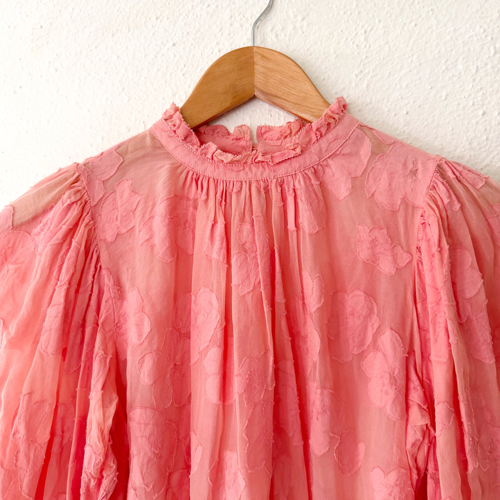 Ulla Johnson Sheer Silk Blend Floral Ruffle Mock Neck in Coral | 2