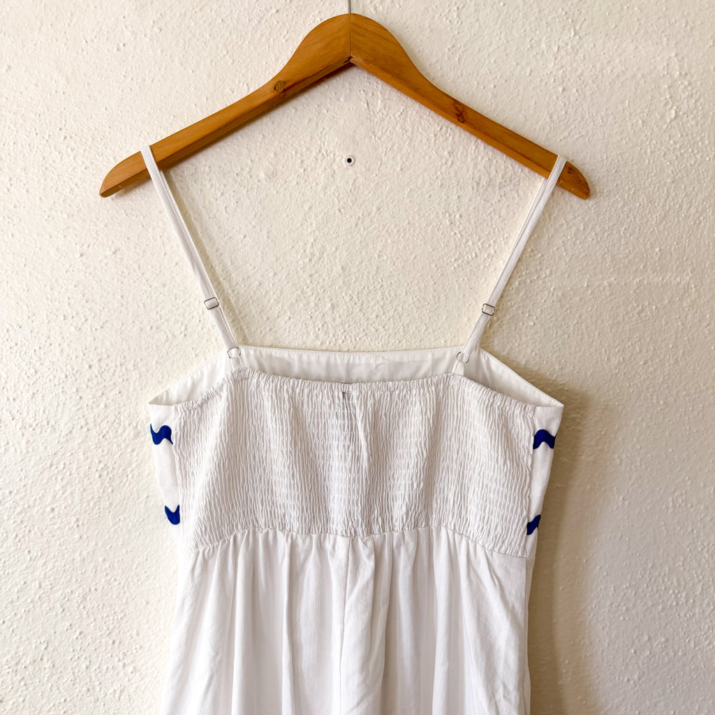 Pretty Garden White Summer Maxi Dress Blue Ric-Rac Trim | S