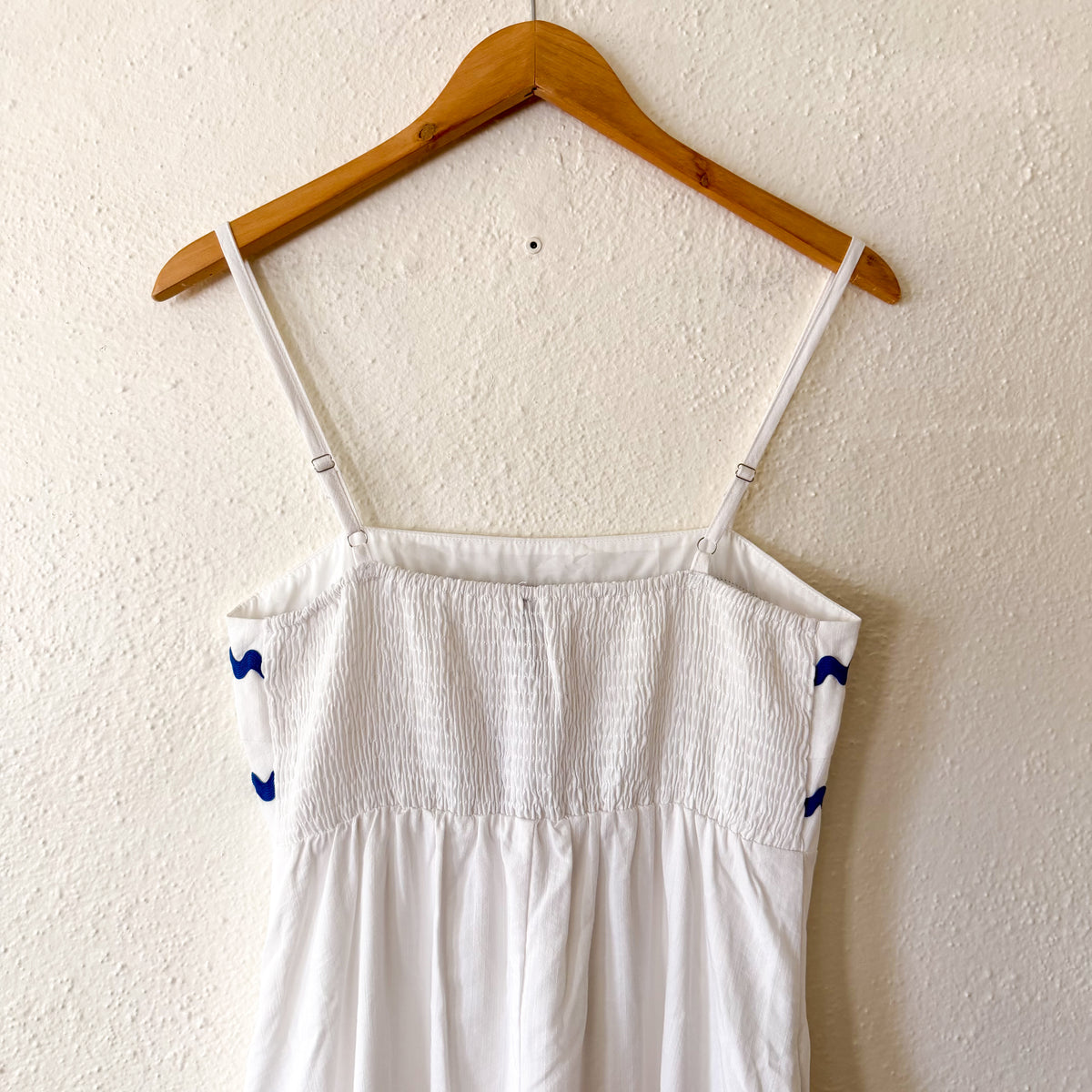 Pretty Garden White Summer Maxi Dress Blue Ric-Rac Trim | S