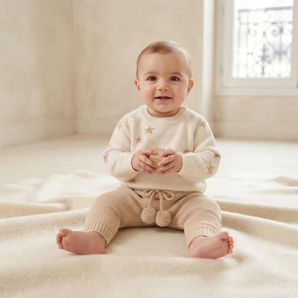 Petit Filippe Cream Tan Starry Knit Pullover Sweater | 9-12m