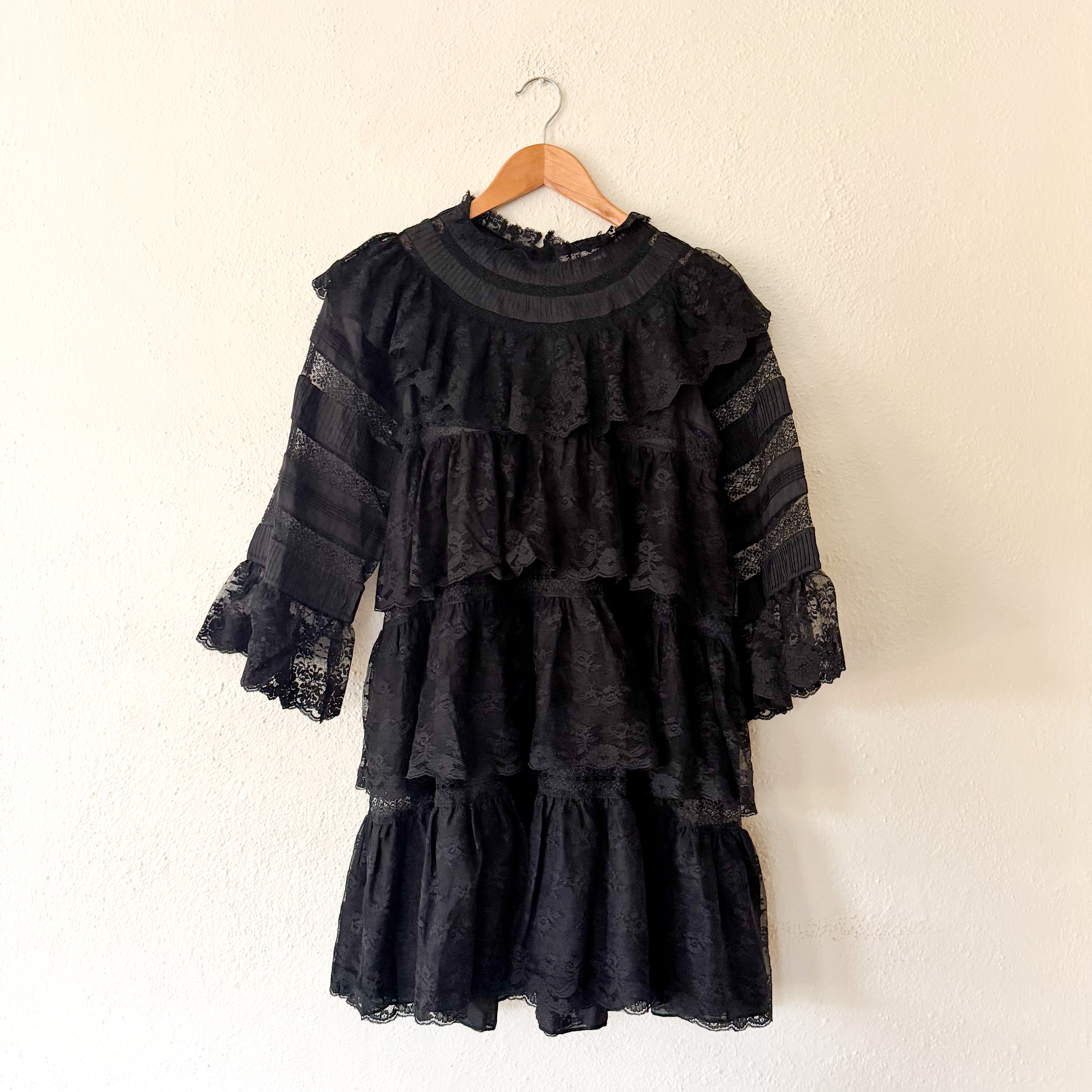 DÔEN Oralie Black Lace 3/4 Sleeve Mini Dress | XS