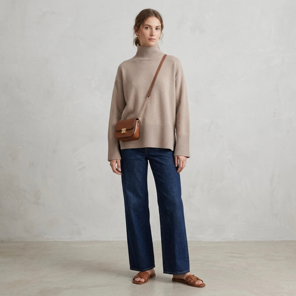 H&M Oversized Mock Neck Side Slit Turtleneck Sweater in Beige | S