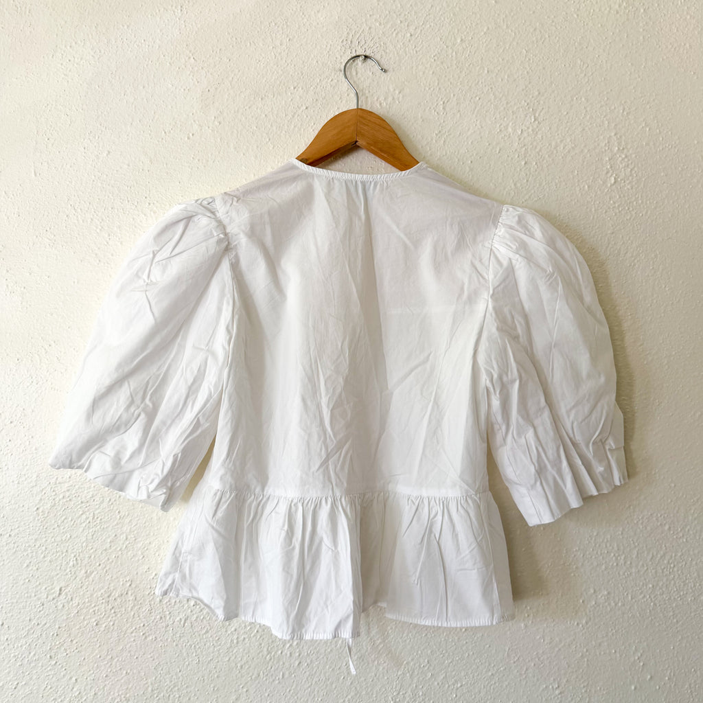 ASOS Design White Cotton Poplin Peplum Tie Puff Sleeve Shirt | XS