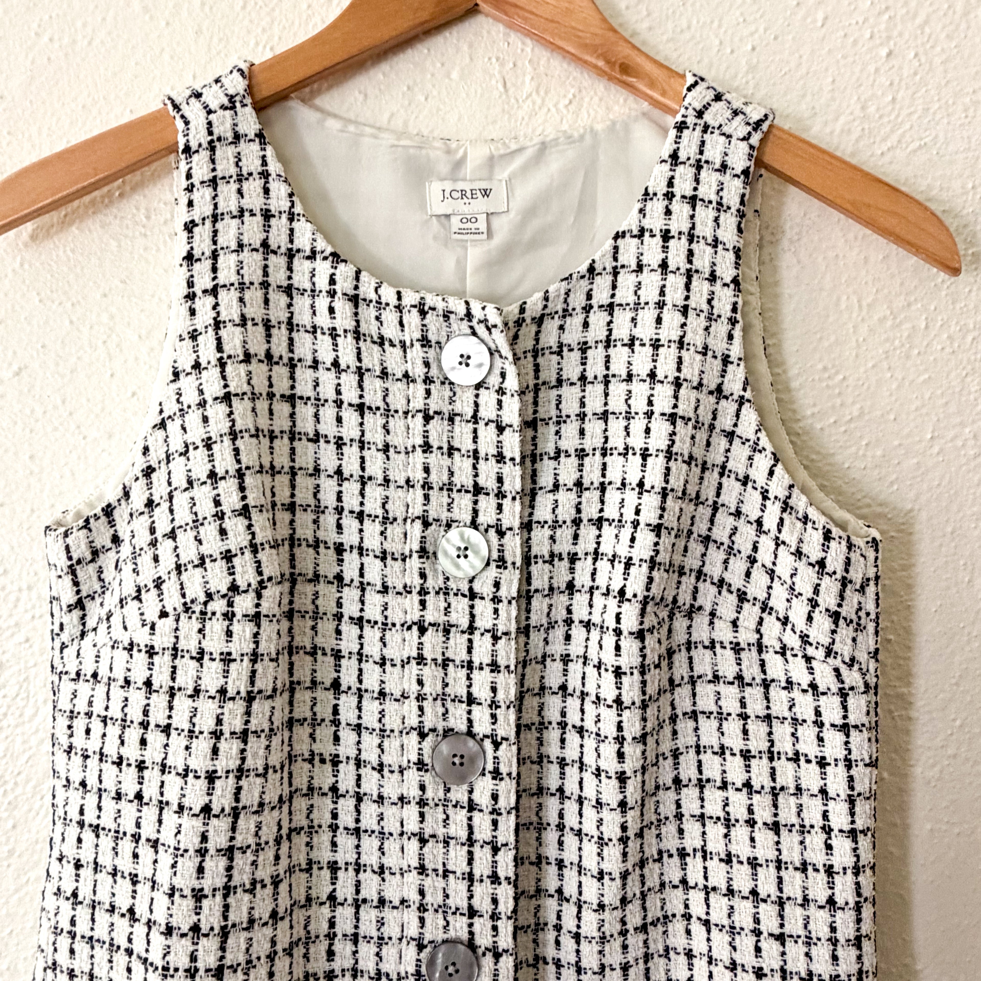 J.Crew Tweed Button-Front Sleeveless Shift Mini Dress in Black & White | 00