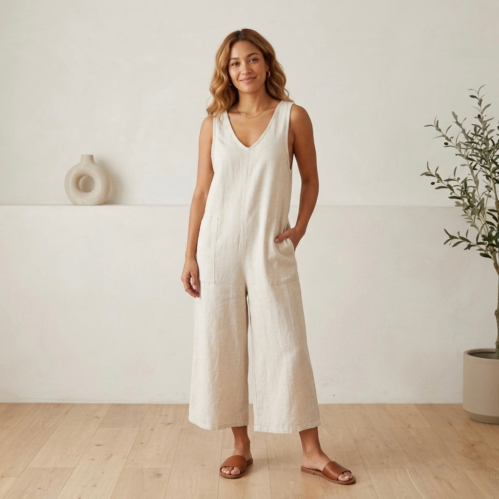 Treasure & Bond Natural Cream Textured Linen Blend Relaxed Jumpsuit | XS