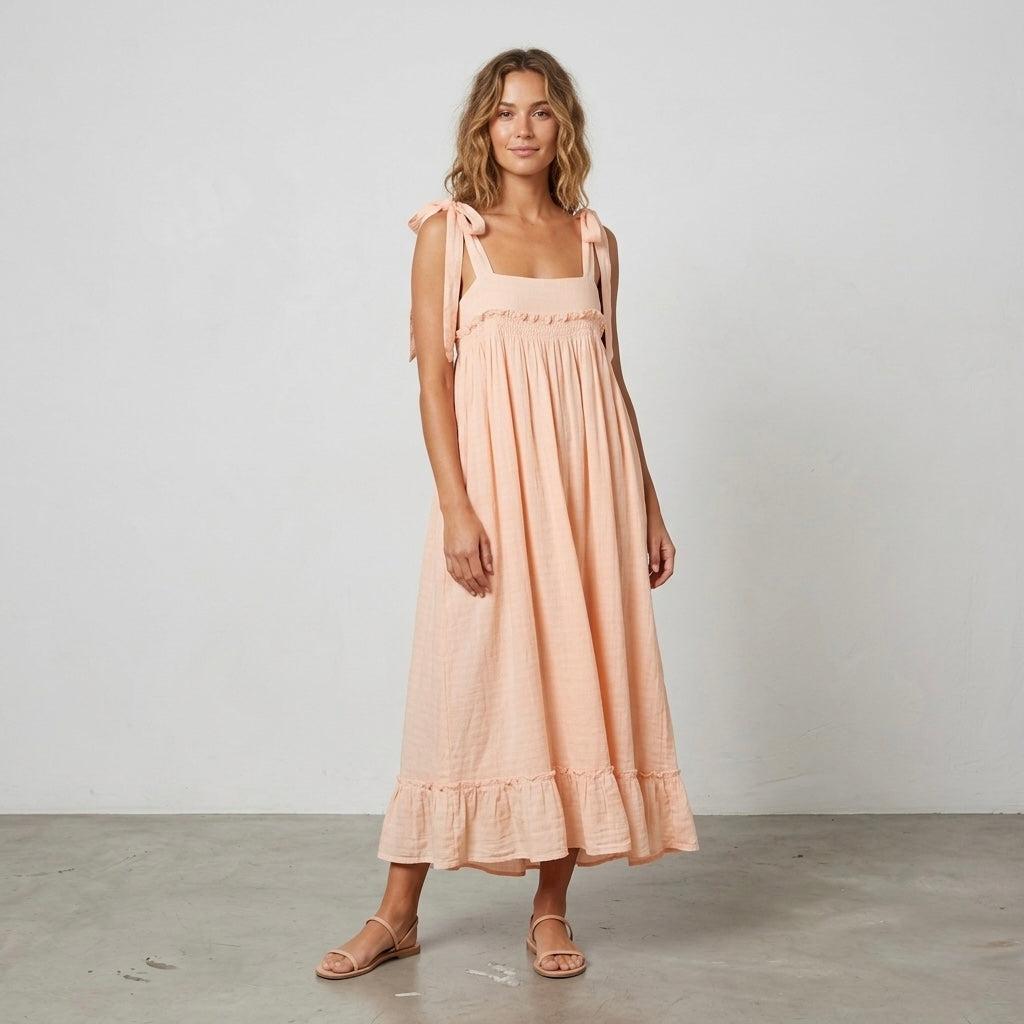 Free People Empire Waist Linen Blend Dress in Peach | XS