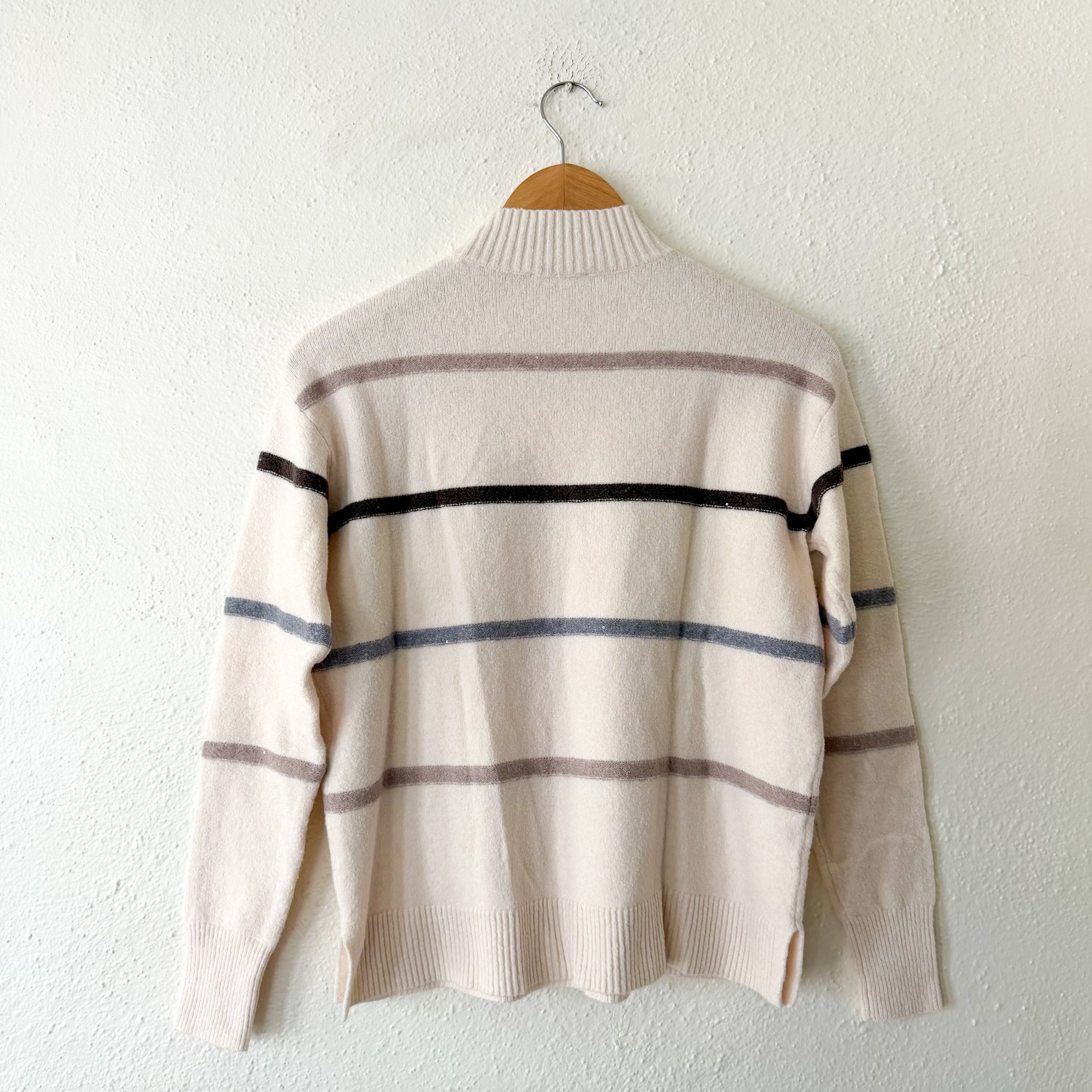 Chico's Sequined Stripe Pullover Sweater in English Cream | 00/XS