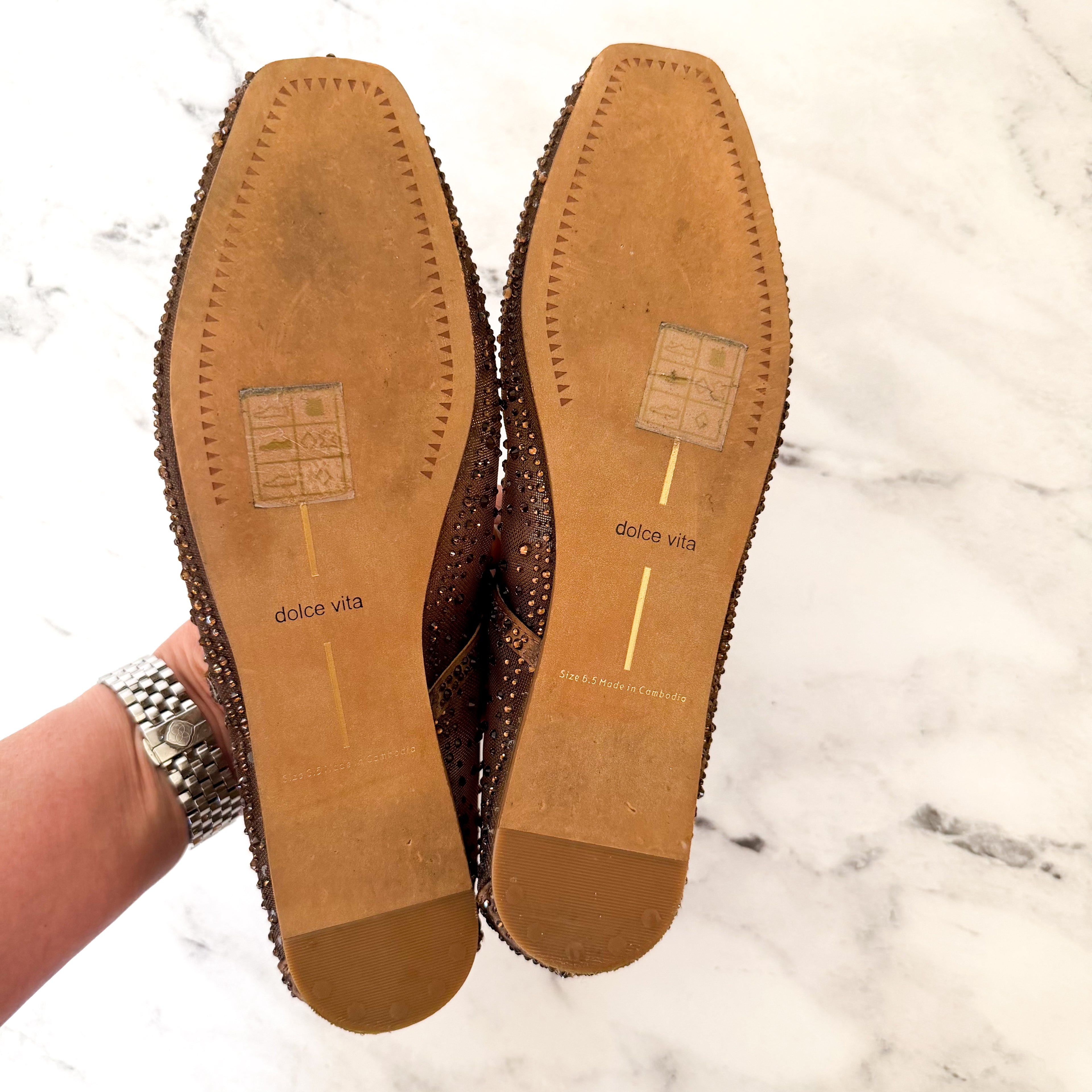 Dolce Vita Reyes Crystal Embellished Ballet Flats in Brown Mesh | 6.5