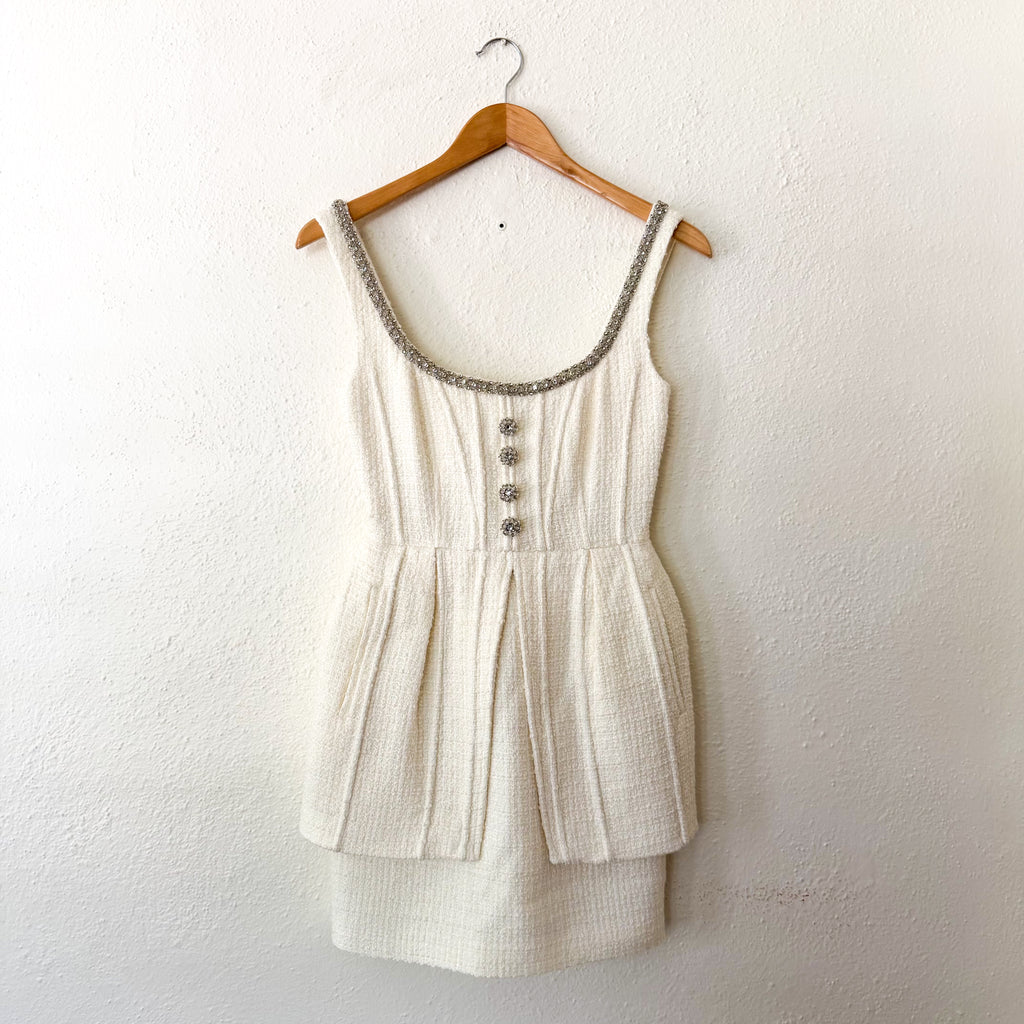 Self-Portrait Cream Embellished Boucle Sleeveless Mini Dress | 0