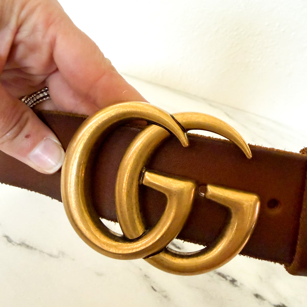 Gucci GG Marmont Brown Faded Leather Antique Brass Wide Belt | XS