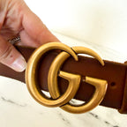 Gucci GG Marmont Brown Faded Leather Antique Brass Wide Belt | XS