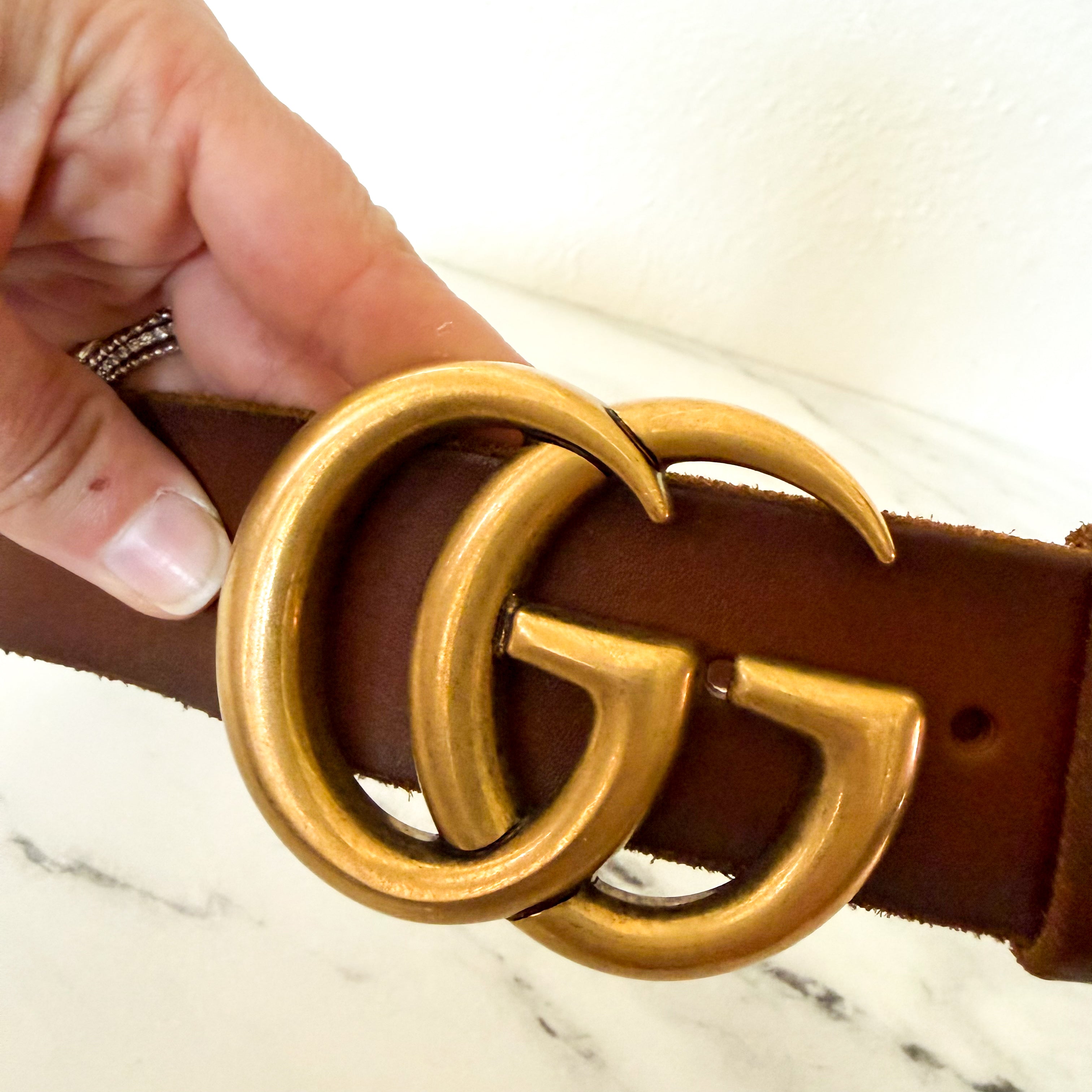 Gucci GG Marmont Brown Faded Leather Antique Brass Wide Belt | XS