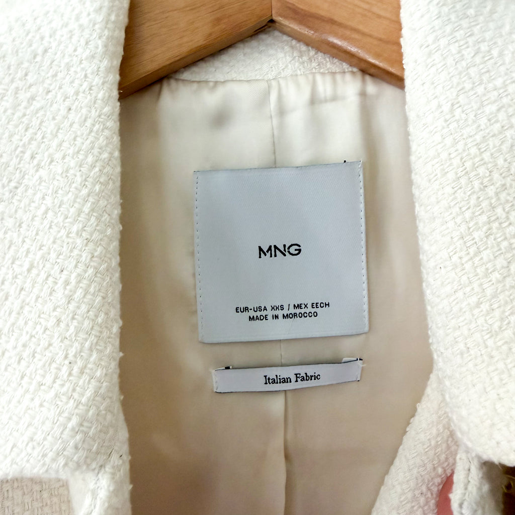 Mango MNG Textured Tweed Italian Fabric Jacket with Gold Buttons in Ecru | XXS