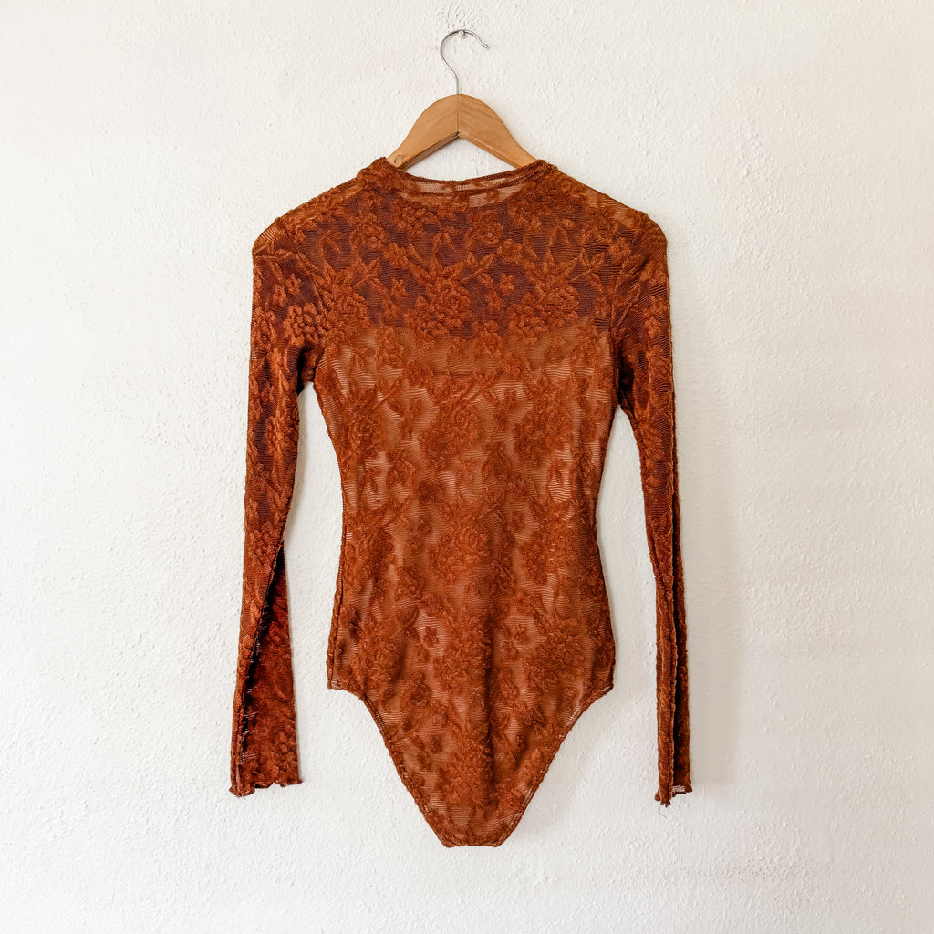Evolutionary Rust Brown Floral Lace Long Sleeve Bodysuit | XS