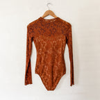 Evolutionary Rust Brown Floral Lace Long Sleeve Bodysuit | XS