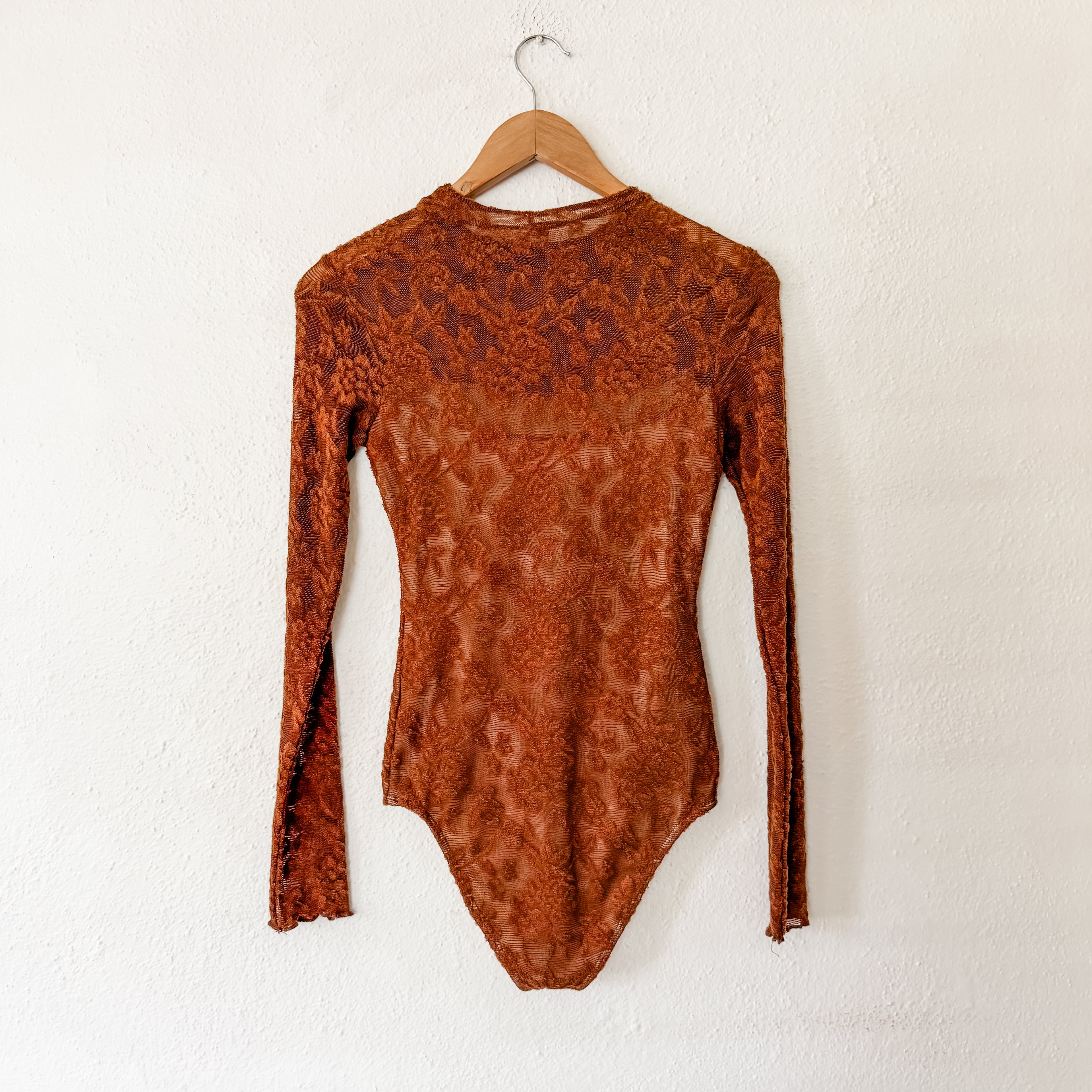 Evolutionary Rust Brown Floral Lace Long Sleeve Bodysuit | XS