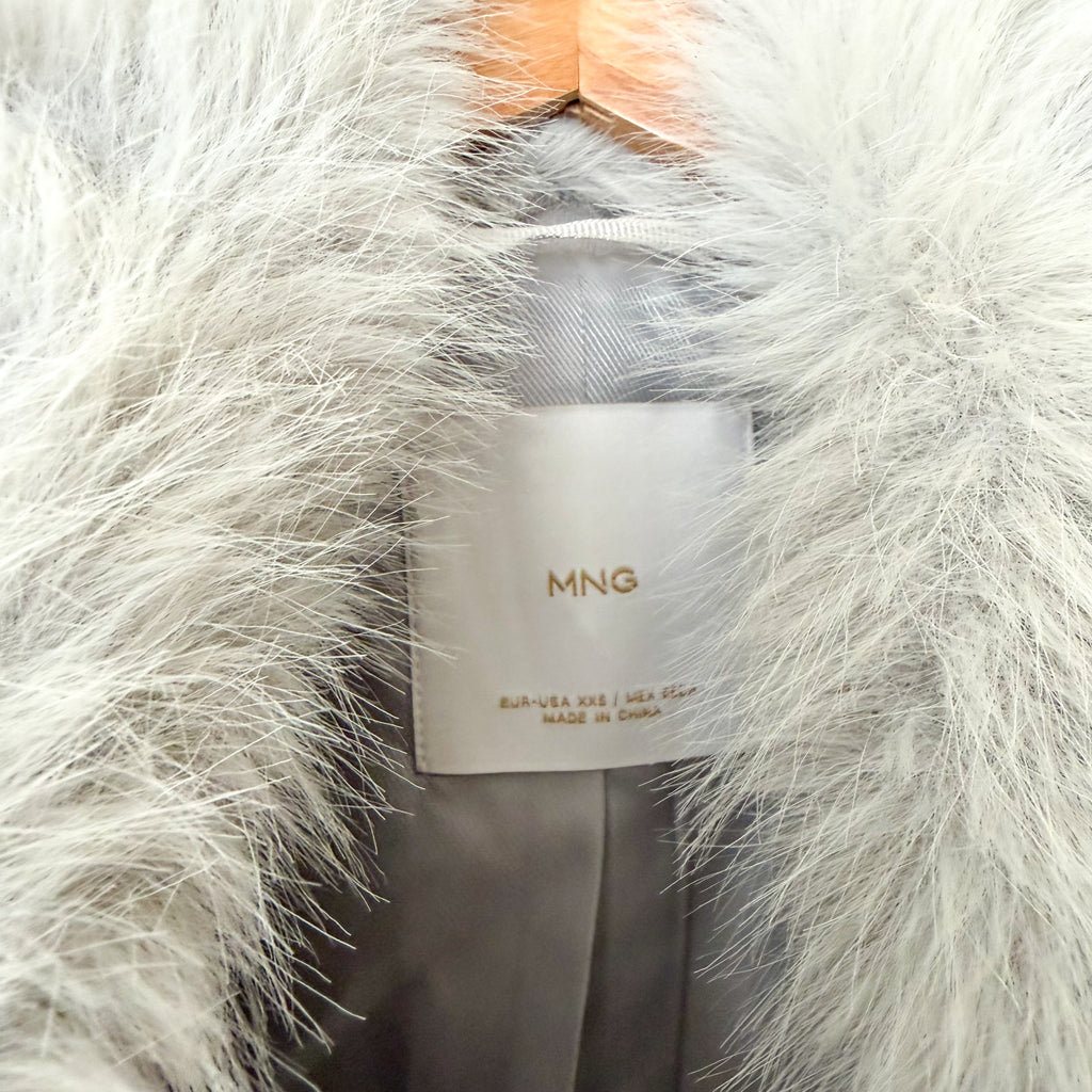 Mango MNG Detachable Faux Fur Collar Longline Wool-Blend Belted Coat in Ice Grey | XXS