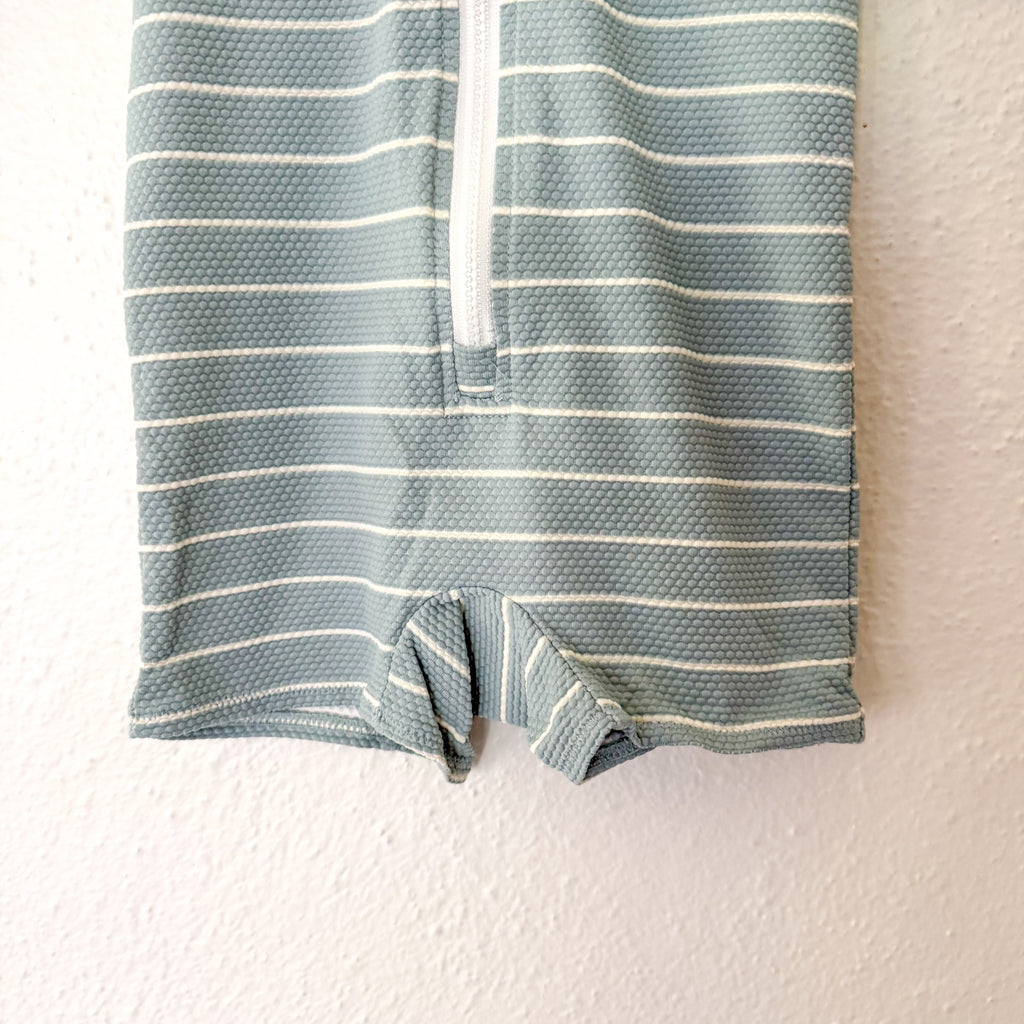 H&M Dusty Ocean Blue Cream Stripe Long Sleeve Zipper Swimsuit | 6-9m