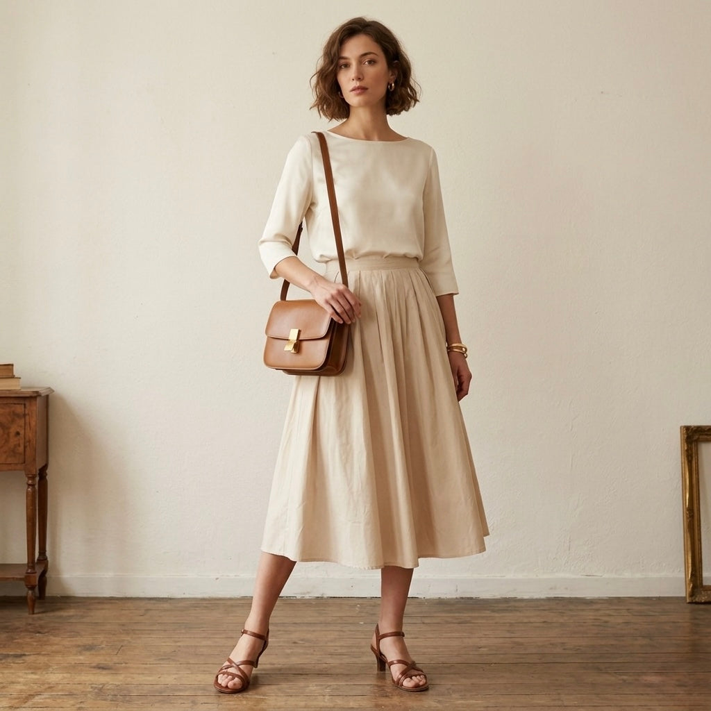 Mango MNG Paula Cotton Poplin Pleated Midi Skirt in Light Beige | 0