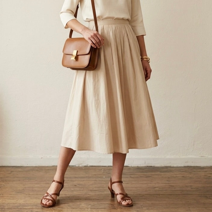 Mango MNG Paula Cotton Poplin Pleated Midi Skirt in Light Beige | 0
