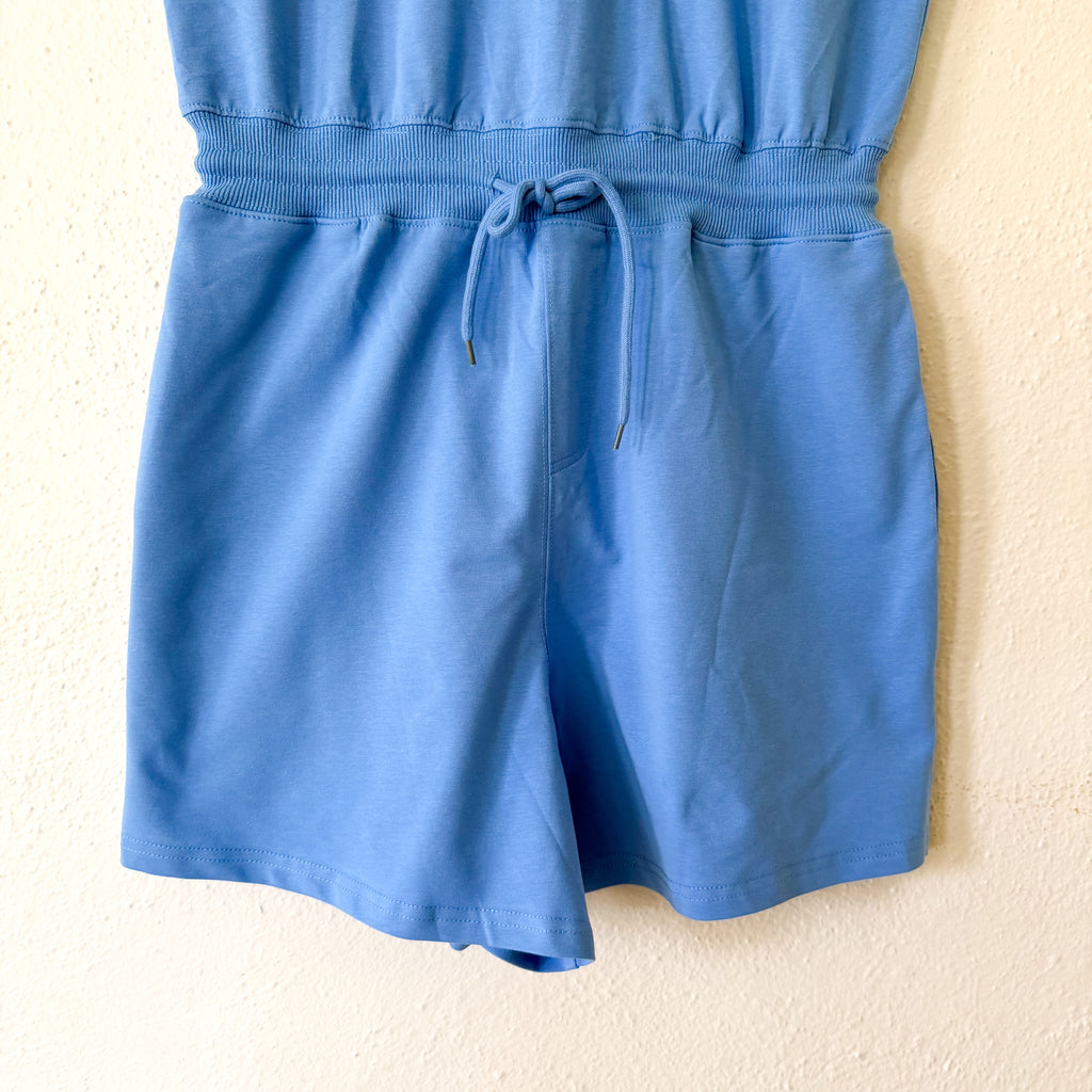 Womens Blue Throw & Go Shortsie Dupe Knit Muscle Sleeve Top Romper | Sm