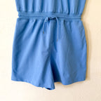 Womens Blue Throw & Go Shortsie Dupe Knit Muscle Sleeve Top Romper | Sm