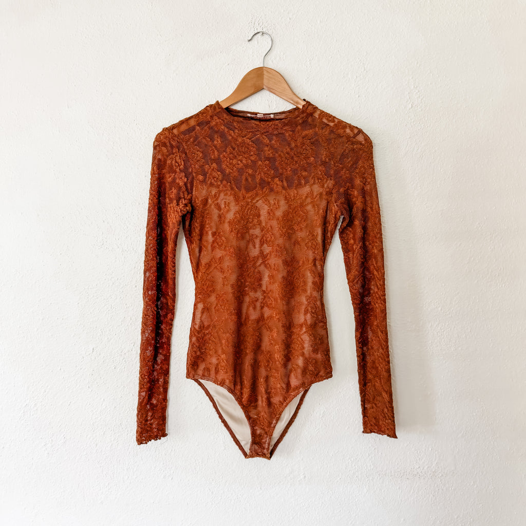 Evolutionary Rust Brown Floral Lace Long Sleeve Bodysuit | XS