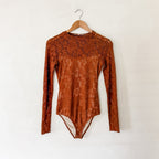 Evolutionary Rust Brown Floral Lace Long Sleeve Bodysuit | XS