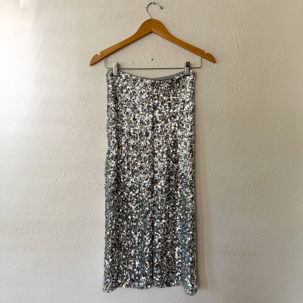 Mango MNG Silver Sequin Midi Straight Pencil Skirt | S