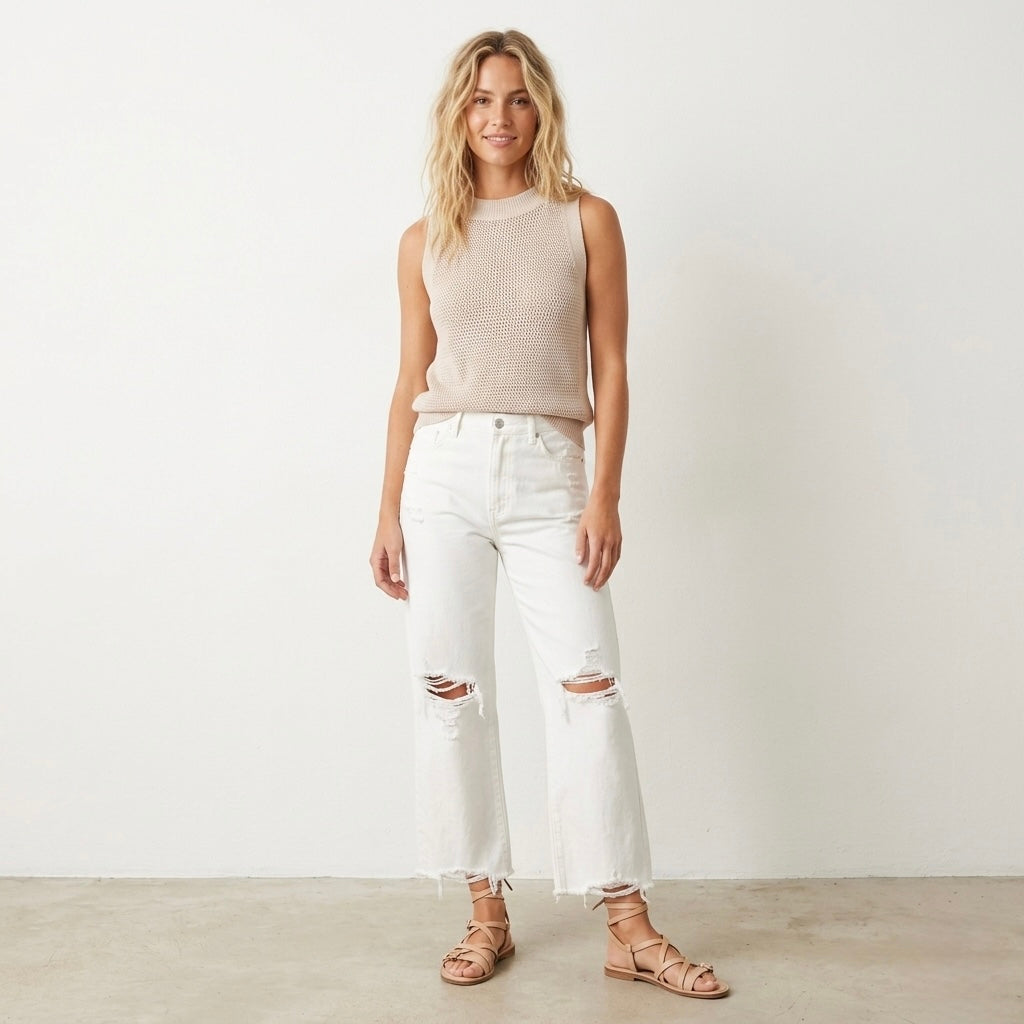 Commense Sleeveless Mockneck Sweater Top in Neutral Beige | XS