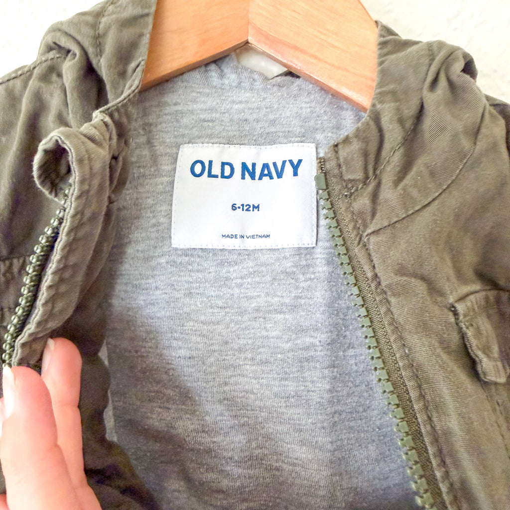 Old Navy Olive Green Lightweight Canvas Utility Zipper Jacket with Grey Lining | 6-12m