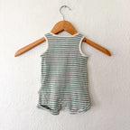 Little Planet Organic Dusty Sage Green & Cream Stripe Waffle Knit Texture Sleeveless Romper | 0-3m