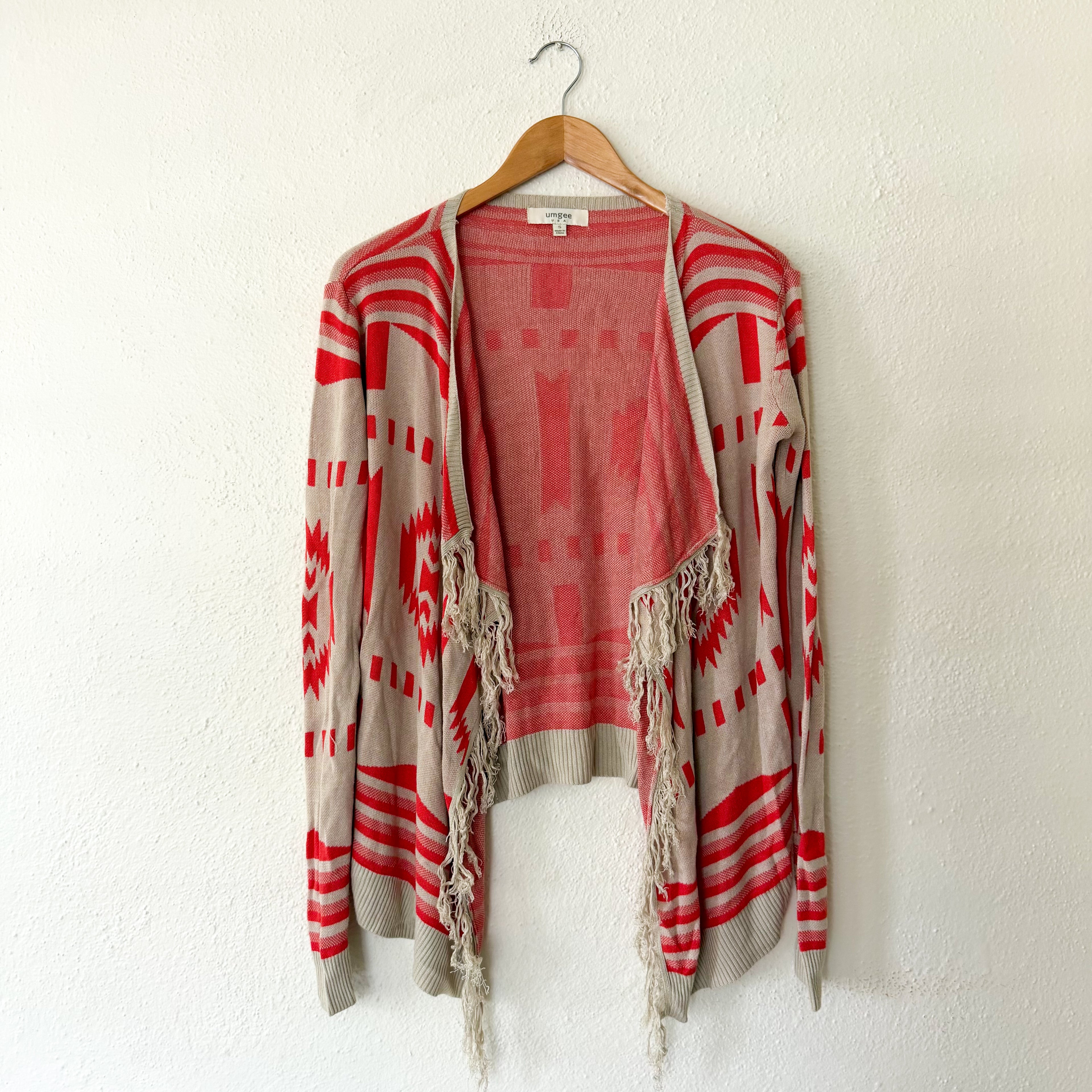Umgee Boho Tribal Print Open Front Fringe Cardigan | S