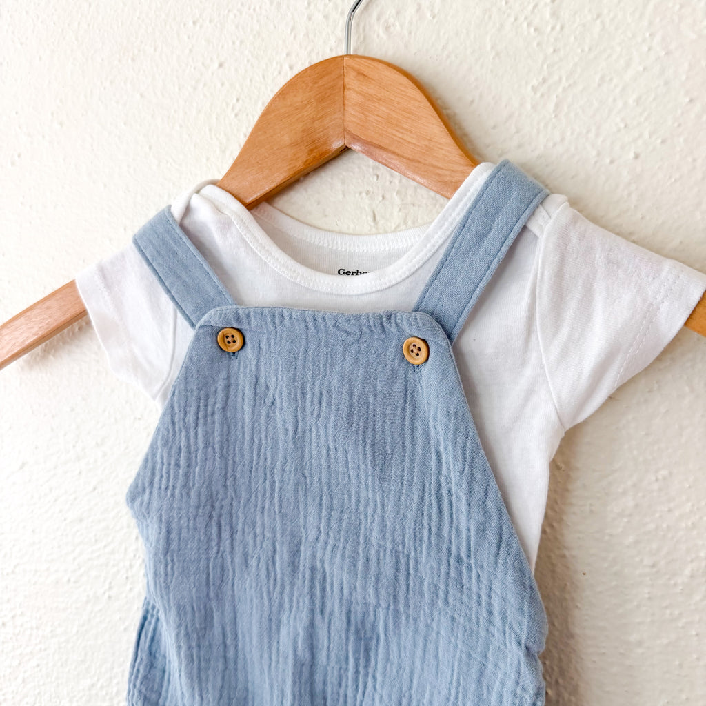Little Planet Organic Ocean Blue Gauze Bubble Romper Overalls + Gerber White Bodysuit | 6-12m
