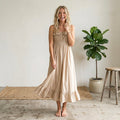 Free People Tan Lush Life Linen Smocked Strapless Dress in Bleached Sand | XS