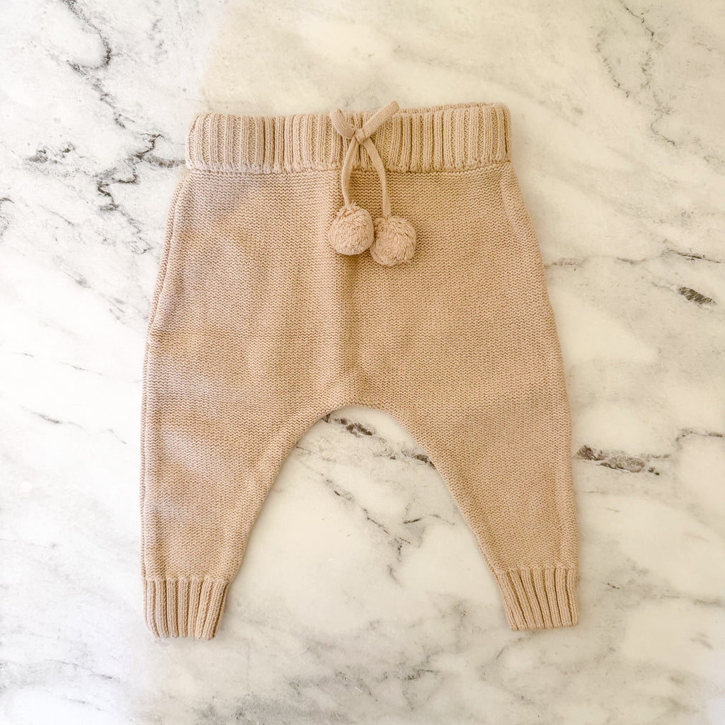 Petit Filippe Tan Knit Pom Pom Drawstring Pull On Pants | 6-9m