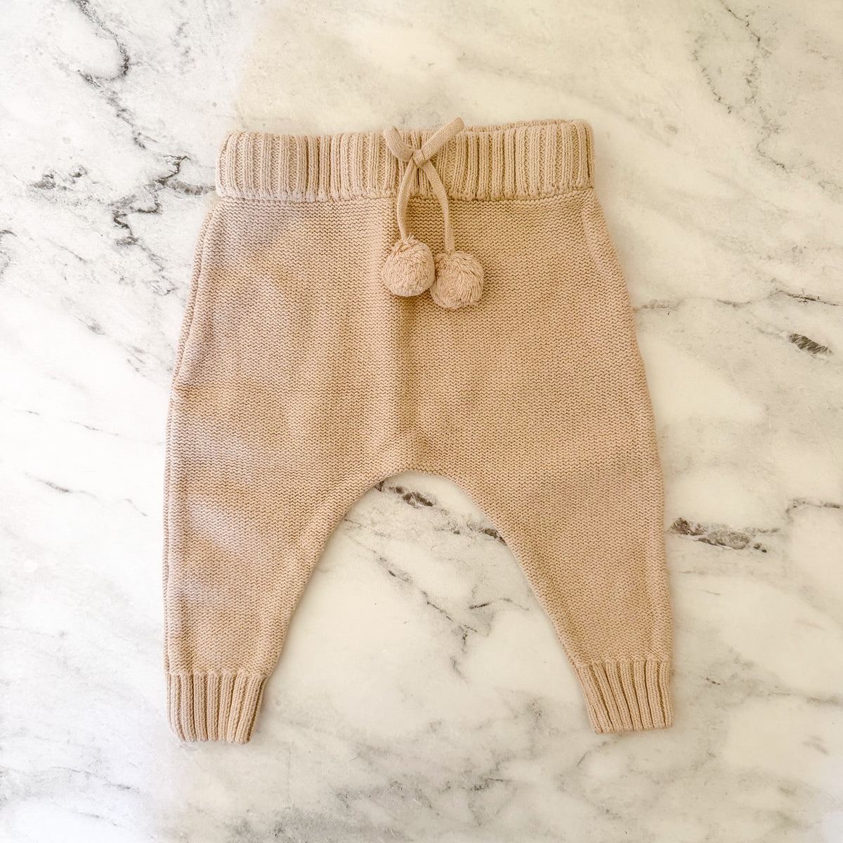 Petit Filippe Tan Knit Pom Pom Drawstring Pull On Pants | 6-9m