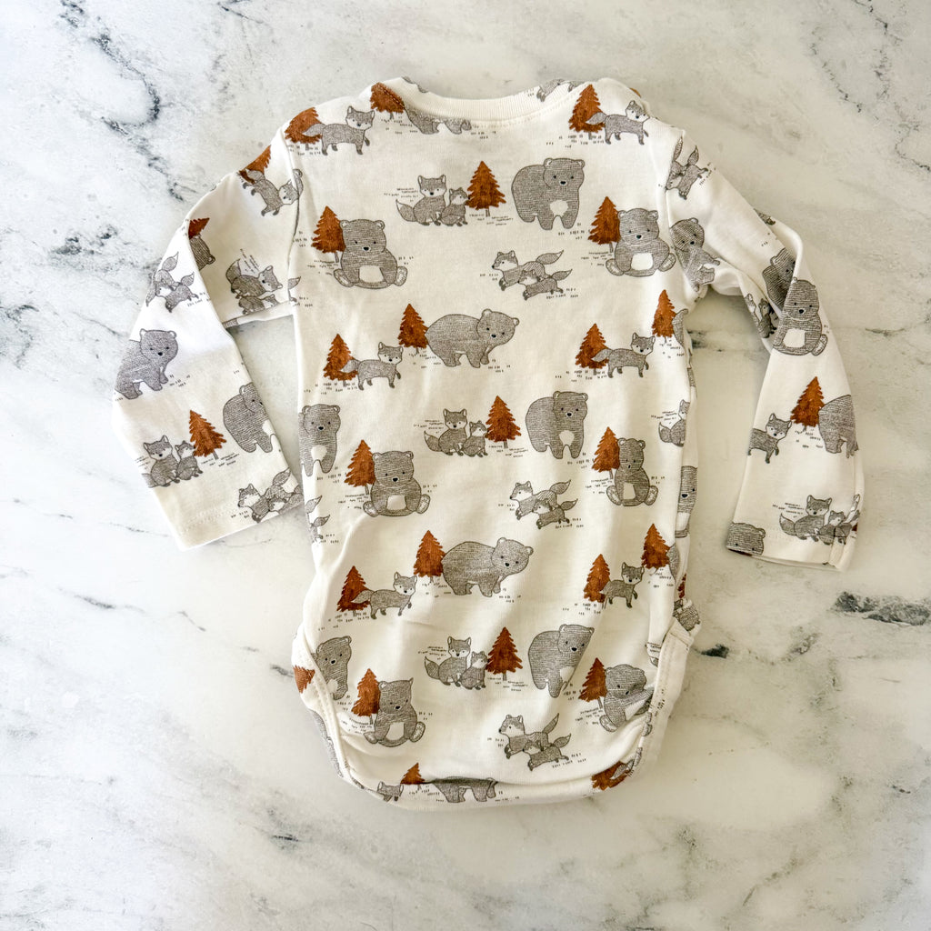 H&M Organic Cotton Cream Bear Forest Long Sleeve Bodysuit | 3-6m