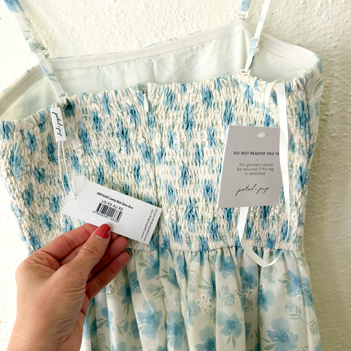Petal & Pup Blue & White Lisette Strapless Midi Dress | XS