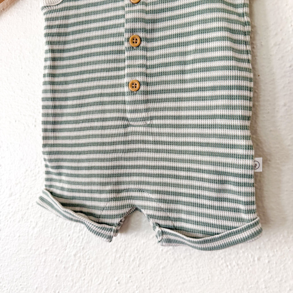 Little Planet Organic Dusty Sage Green & Cream Stripe Waffle Knit Texture Sleeveless Romper | 0-3m