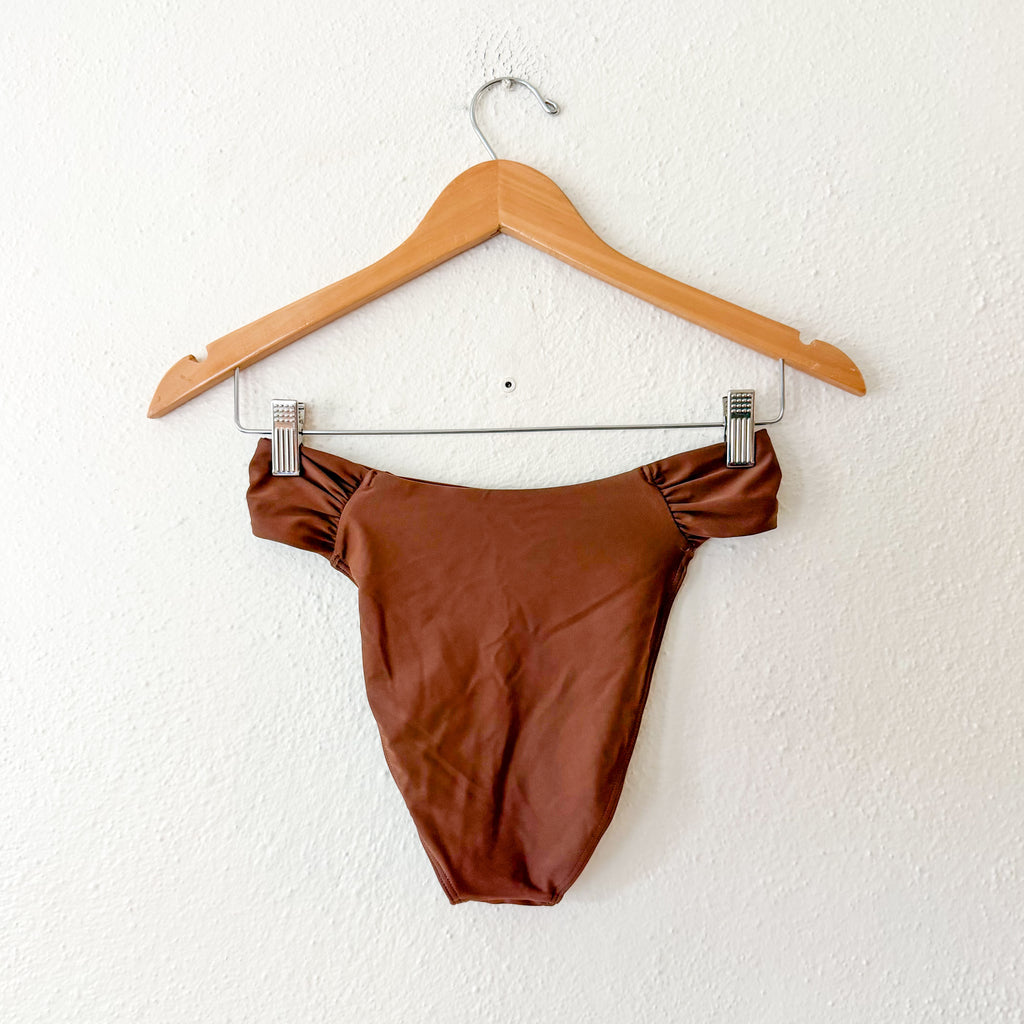 Abercrombie & Fitch Mid-Rise Rouched Side Bikini Bottoms in Brown | S