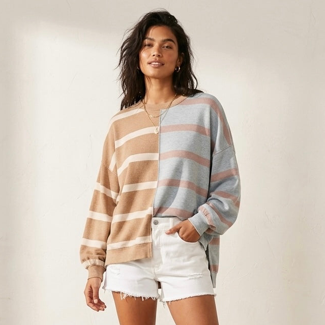 Free People Uptown Oversized Crewneck Pullover Sweatshirt in Camel Grey Combo | XS