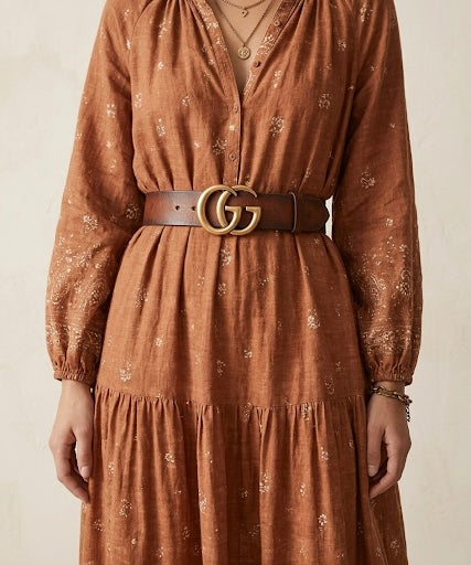 Gucci GG Marmont Brown Faded Leather Antique Brass Wide Belt | XS