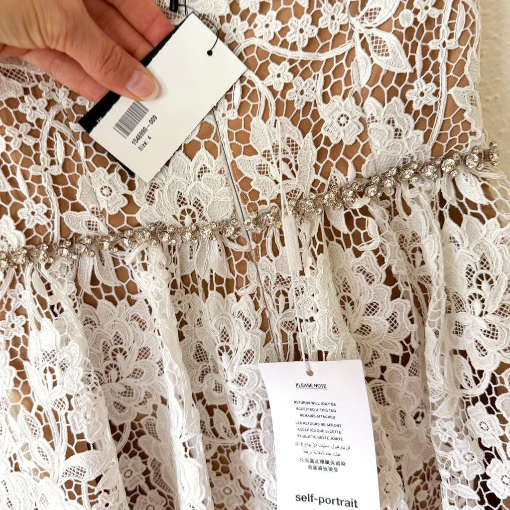 Self-Portrait White Diamante Rhinestone Embellished Lace Midi Dress | 0