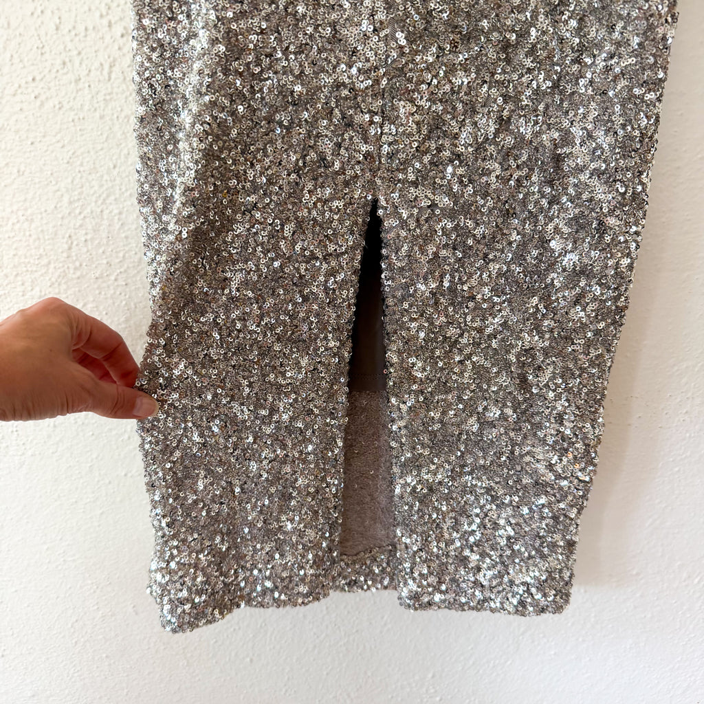 Express Silver Sequin Ruched Stretch Midi Skirt | XS